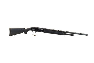 a shotgun with a black barrel and a white background