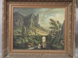 an oil painting of a landscape with a man and a woman in the foreground