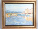 framed oil painting of boats in a harbor with buildings in the background