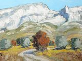 une peinture représentant une montagne traversée par une route