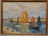 un tableau représentant des bateaux sur l'eau et des personnes sur la rive