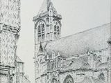 dessin représentant un vieux bâtiment avec une tour horloge au centre