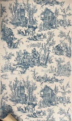 blue and white toiler toiler fabric with a horse drawn on it