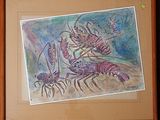a picture of a painting of lobsters in a wood frame