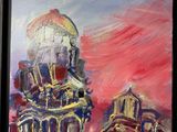 painting of a painting of a building with a clock tower in the background