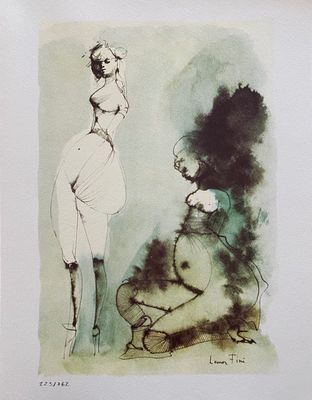 dessin représentant une femme en robe blanche debout à côté d'un homme en robe noire et blanche