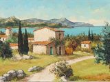 an image of a painting of a house by the water