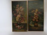 two paintings of flowers in a vase on a table next to a wall