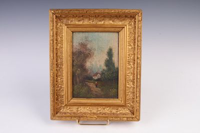 une peinture à l'huile d'un paysage avec une maison au loin