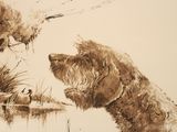 a drawing of a dog and a duck in the water
