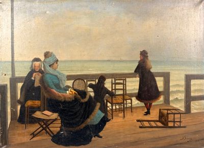 un tableau représentant un groupe de personnes sur une terrasse au bord de la mer