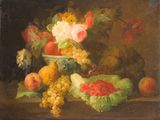 une image représentant un tableau où l'on voit des fruits et des fleurs posés sur une table