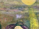 a painting of a woman sitting on a bench in the grass
