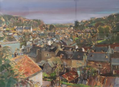 une peinture représentant une vue d'une ville depuis une colline