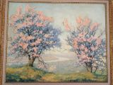 a painting of two trees in a field with pink flowers