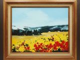 une peinture à l'huile représentant un champ de fleurs avec des collines en arrière-plan
