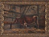 a painting of a cow standing in a barn