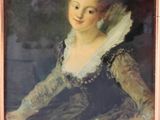 painting of a woman in a blue dress sitting at a table