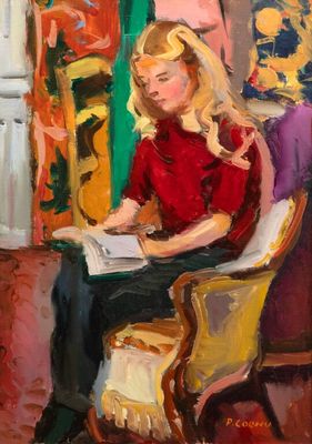 une peinture à l'huile représentant une femme assise sur une chaise en train de lire un livre