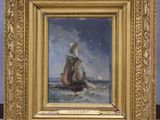 an oil painting of a sailboat in a body of water