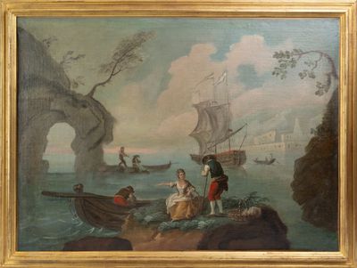 un vieux tableau représentant un homme et une femme sur un bateau au milieu d'un plan d'eau