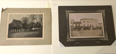 deux vieilles photos en noir et blanc représentant des chevaux devant un bâtiment