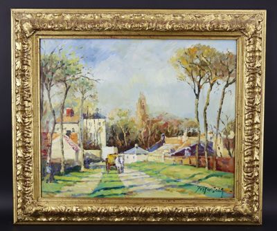 PIETROZOLA (XXe): "Charrette à l'entrée du village", huile s…