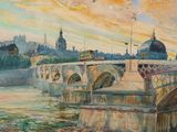 une peinture représentant un pont enjambant une rivière, avec un bâtiment en arrière-plan