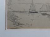drawing of a sailboat on the water with a mountain in the background