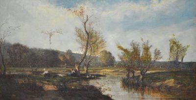 un tableau représentant un paysage avec une rivière et des arbres