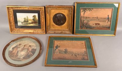 three framed pictures of a man and a woman in a landscape