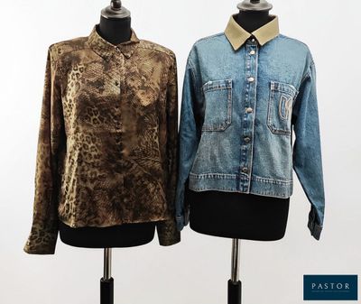 two women ' s jackets on a mannequin stand against a white background
