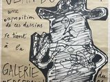 dessin représentant un chien tenant un verre de vin sur une feuille de papier