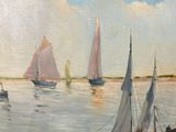 painting of sailboats in the water with a sky background