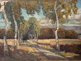 painting of a painting of trees in a field with a sky in the background