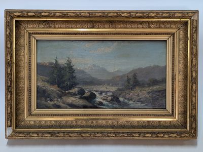 an oil painting of a mountain scene with a stream in the foreground