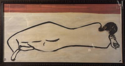 tableau représentant une femme allongée sur le ventre, une cigarette à la bouche