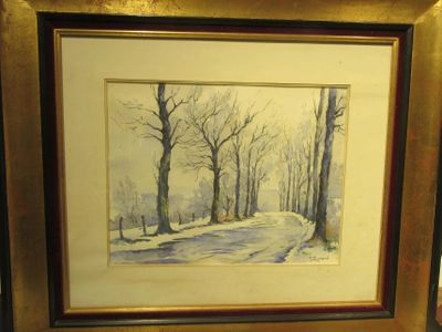 framed watercolor painting of a winter scene with trees and a bench