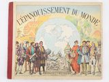 un vieux livre sur lequel figure une image de personnes debout devant un globe terrestre