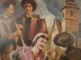 a painting of a man and a woman playing a game