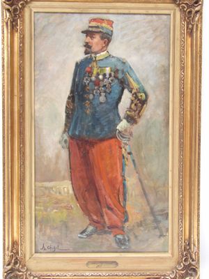 une peinture à l'huile représentant un homme en costume bleu et pantalon rouge