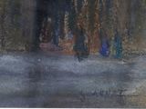 a painting of a man walking down a street with an umbrella