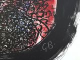 a black and red painting on a white wall