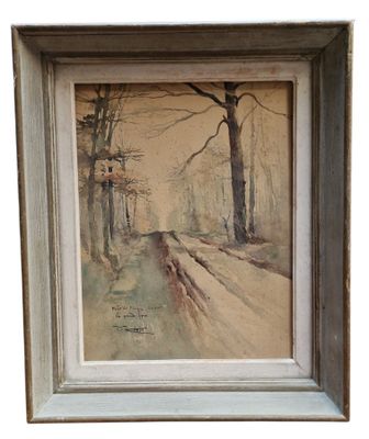 a painting of a dirt road with trees in the background