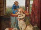 tableau représentant deux chiens et un homme dans une pièce avec une fenêtre