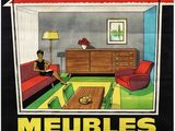 une image représentant une affiche pour un magasin de meubles, sur laquelle on voit une femme assise sur un canapé