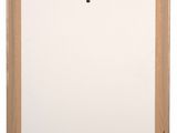 a white board with a wooden frame and a key on it