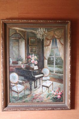 a painting on the wall of a room with a piano and chairs