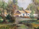 an oil painting of a river running through a lush green field