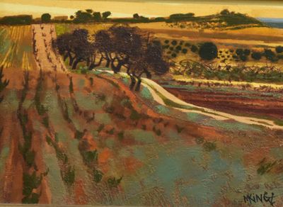 an image of a painting of a landscape with trees in the foreground